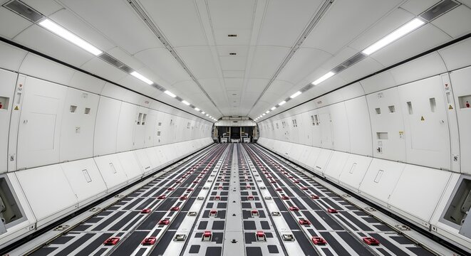 Spacious Cargo Aircraft Interior Empty Main Deck with Roller Floor System and Bright Overhead Lights ideal for logistics presentations, aviation industry marketing, and global shipping concepts.