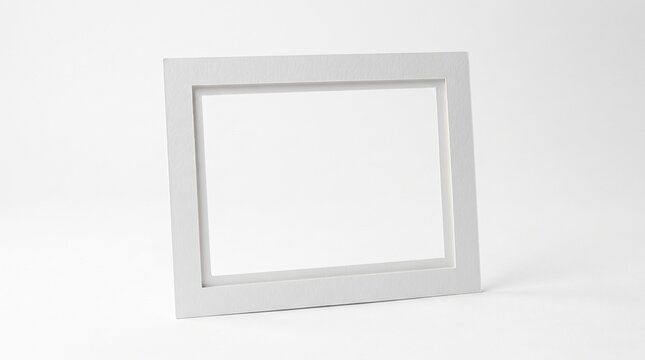 Empty white picture frame isolated on a plain white studio background.