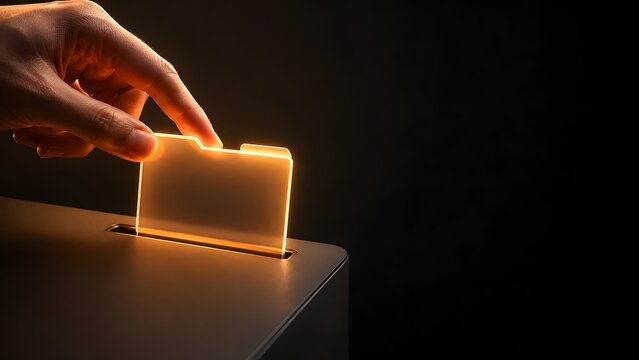 Hand Inserting Glowing Transparent Digital Folder into Server Concept for Data Backup and Cloud Storage Archiving