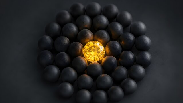 Single brilliant yellow diamond gemstone standing out among many black matte spheres signifying unique value and luxury