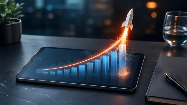 Digital tablet displaying a glowing rocket launching from a rising bar chart representing rapid business growth and successful startup trajectory