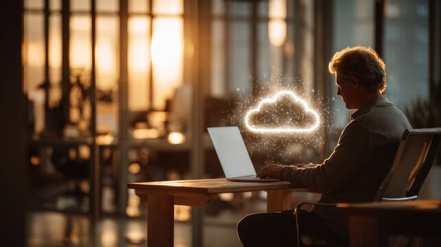 Side view of office worker using laptop with holographic cloud computing icons floating in modern glass office interior sunlight professional workspace 