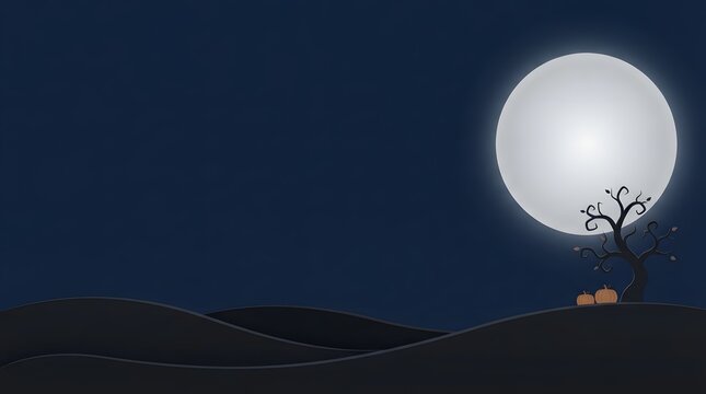 A bright full moon shines over a dark desolate landscape with a lone bare tree at night time