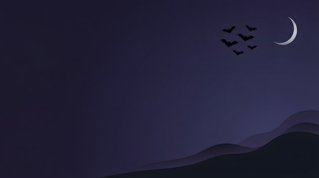 A serene night sky featuring a glowing crescent moon and a silhouette of birds flying in the distance