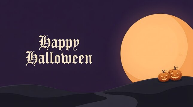 Happy halloween greeting card design with a large full moon and small pumpkins against a dark purple background