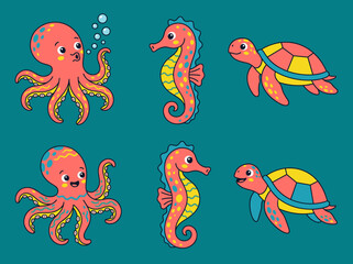 Obraz premium Cute cartoon sea animals collection with friendly octopus seahorse and ocean turtle characters