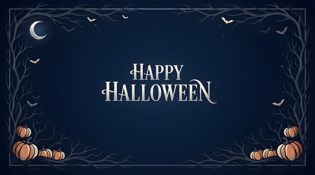 Happy halloween greeting card design with pumpkins and a dark night sky background featuring a crescent moon