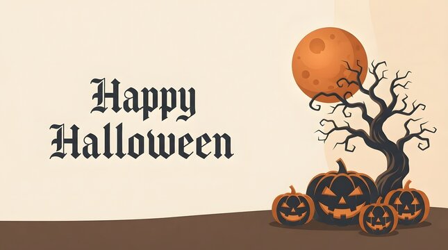 Happy halloween greeting card design with spooky pumpkins a bare tree and a large full moon background
