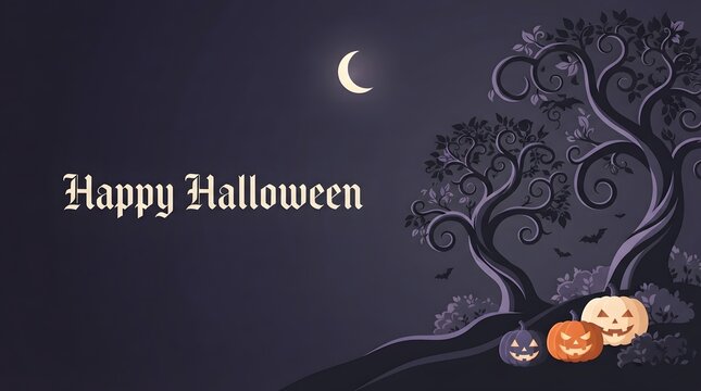 Happy halloween greeting card design with a spooky dark tree silhouette and glowing carved pumpkins under a moon