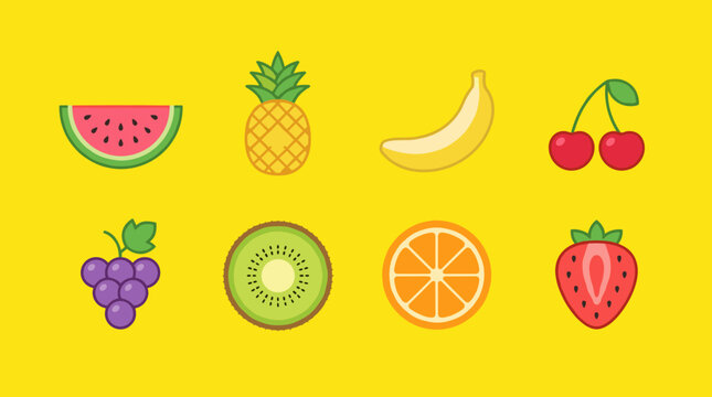 Vibrant fresh fruit slices icons set featuring watermelon kiwi orange strawberry cherry and banana