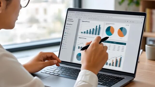 A person is using a laptop to view financial charts and graphs. The screen displays various data visualizations, including bar charts and pie charts.