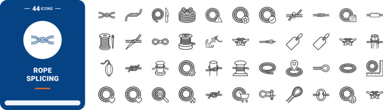 Rope Dock Line Splicing Web Icon Set in Linear Style. Collection of marlinspike, rigging, mooring, splicing, seamanship, hardware line icons, including rope coil, eye splice, fid tool, thimble ring.