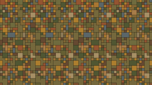 Geometric seamless pattern with small squares and rectangles in earthy tones, flat design vector illustration