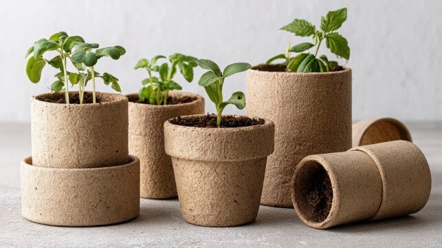 Biodegradable peat pots of various shapes hold small green seedlings on a neutral grey background.