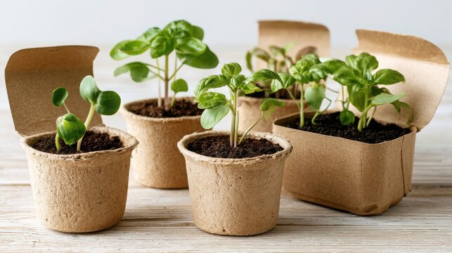 Seedlings of green herbs grow in biodegradable peat pots on a rustic wooden surface.