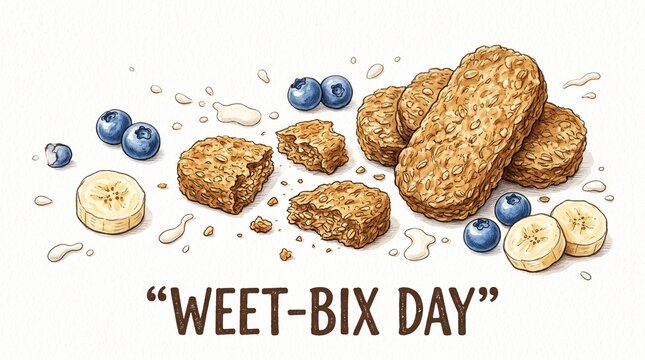 Weet-Bix Day Whole Wheat Breakfast Biscuits Broken Crunchy Texture Milk Droplets Banana Blueberries Hand-Drawn Food Illustration