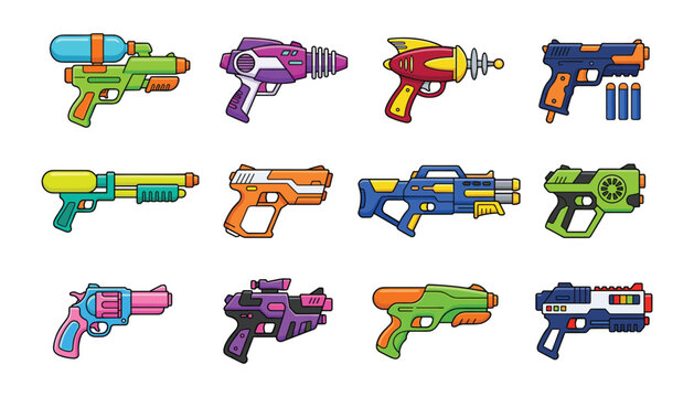 Colorful Toy Gun and Water Blaster Vector Icon Set with Sci-Fi Rayguns and Foam Dart Pistols for Kids Gaming Apps and Birthday Graphics