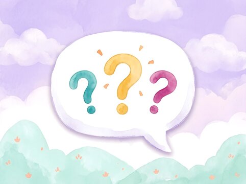 Colorful question marks inside a speech bubble on a pastel background