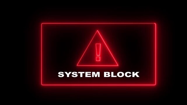 Glowing neon system block attempting to break into a digital animation system with a lock icon on the screen, and a warning message appearing as the system block the breach.Motion graphics of concept