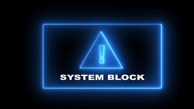 Glowing neon system block attempting to break into a digital animation system with a lock icon on the screen, and a warning message appearing as the system block the breach.Motion graphics of concept