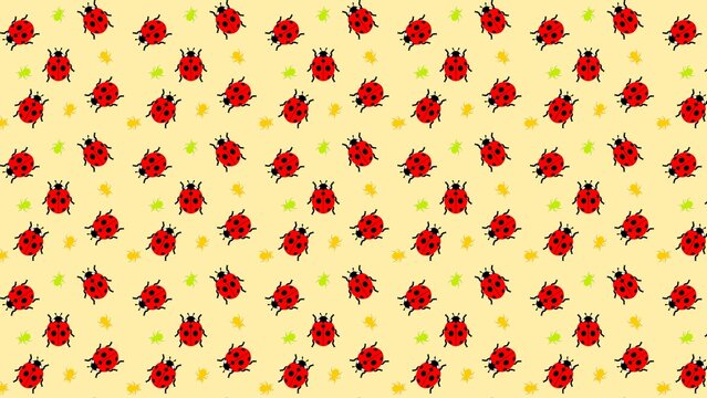 Cute ladybugs and aphids arranged on a clear yellow background, creating a playful nature-themed pattern with a simple flat illustration style. Ratio 16:9