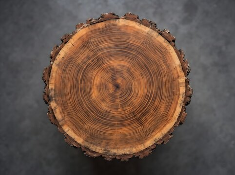 Top view of a round wooden log slice with natural tree ring texture on a dark background
