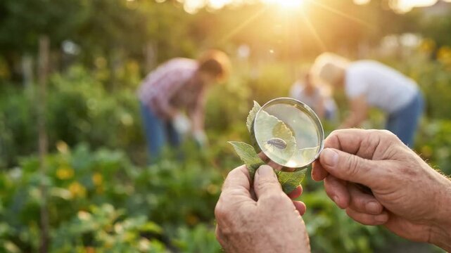 Hands examine leaf closely with magnifying glass