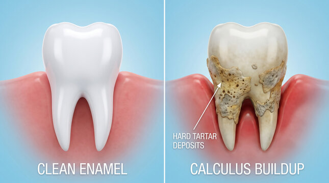 Dental Comparison Diagram showing Clean Tooth Enamel vs Hard Tartar Calculus Buildup