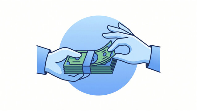 Hands passing dollar bills, cash payment transaction and salary funding business concept vector illustration