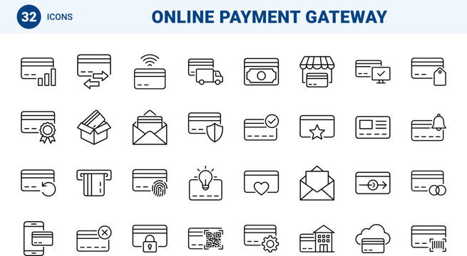 Credit Card Online Payment Gateway Web Icon Set in Linear Style. Collection of e-commerce checkout line icons, including transactions, security, processing, checkout, card payments, digital banking.