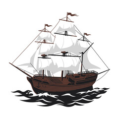 Sailing ship with white sails on ocean waves, wooden vessel, nautical scene © TheVectorLab