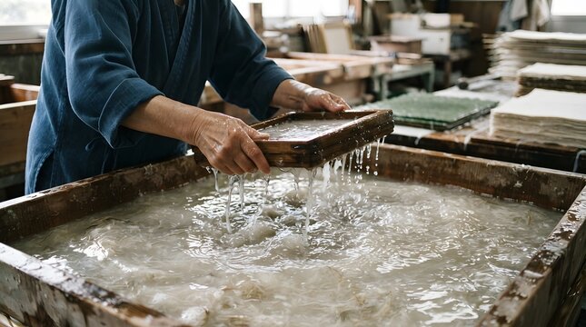 A skilled artisan meticulously crafts a sheet of handmade paper from bubbling pulp in a traditional workshop, preserving the timeless art of papermaking with dedication