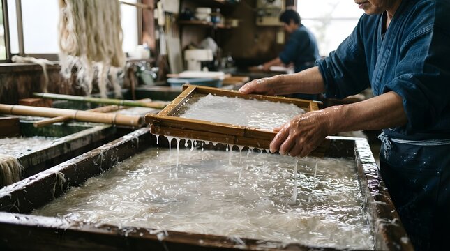 Experienced artisan diligently practices the ancient craft of handmade papermaking in a traditional workshop, meticulously forming sheets from natural fibers and water pulp