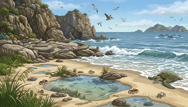 Coastal shoreline ecosystem illustration with seals, sea turtle, dolphins, pelican, seagulls, crabs and tide pool.