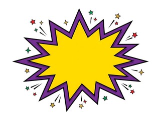 Fototapeta premium Cartoon starburst explosion with yellow and purple colors and scattered sparkles