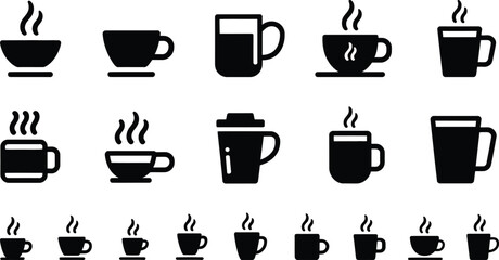 Obraz premium Coffee cup and mug icon collection featuring steaming beverages for cafe menus restaurant branding packaging and digital design
