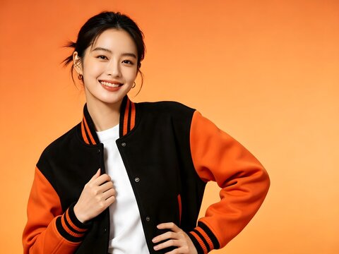 Happy young asian woman in varsity jacket smiling on orange background