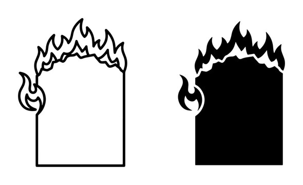 Burning Paper Icons, Fire Flame Outline and Silhouette Vector Graphics, Hot Message Border Elements