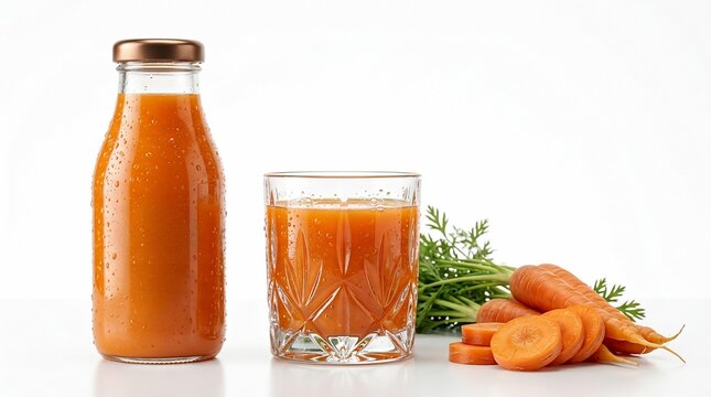 Fresh carrot juice beverage in glass and bottle with root vegetables