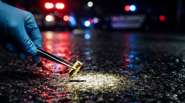 Crime scene investigator collecting bullet casing with tweezers on wet asphalt at night, forensic evidence investigation concept.