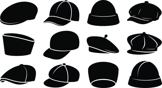 Collection of black silhouette hats and caps in different styles isolated on white background for fashion designs