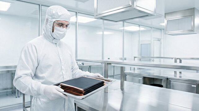 Technician handling electronic components in sterile cleanroom, for precision manufacturing development.