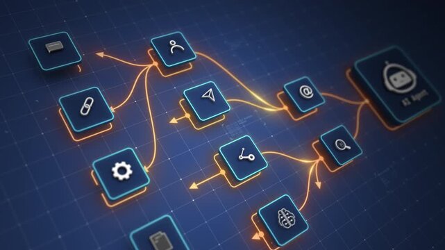 AI Agent Intelligence Core Connecting Automation and Digital Workflow Modules Motion Graphics