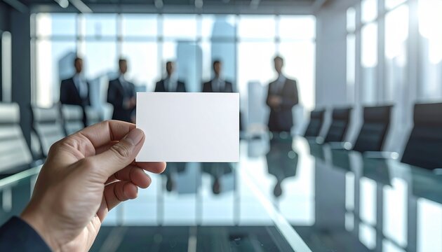 A person holding a blank white business card in a modern corporate boardroom meeting.