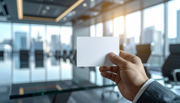A businessman holding a blank white business card in a modern corporate boardroom.