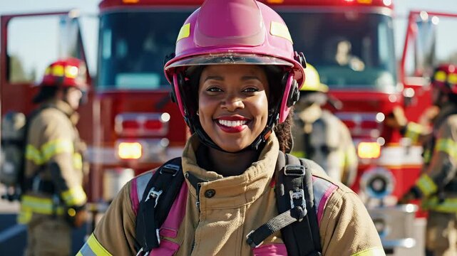 Smiling African American female firefighter in protective turnout gear and helmet standing in front of fire engine on sunny day