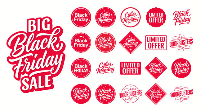 Bold black friday sale vector badge set featuring cyber monday and doorbusters promotional labels