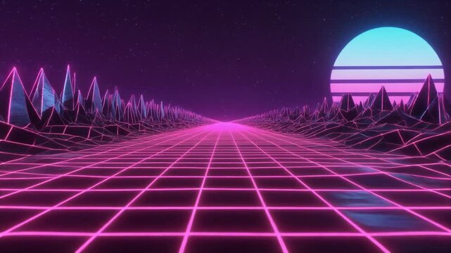 Retro futuristic synthwave landscape with glowing neon grid and mountains.