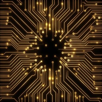 Abstract golden glowing electronic circuit board pattern background design.