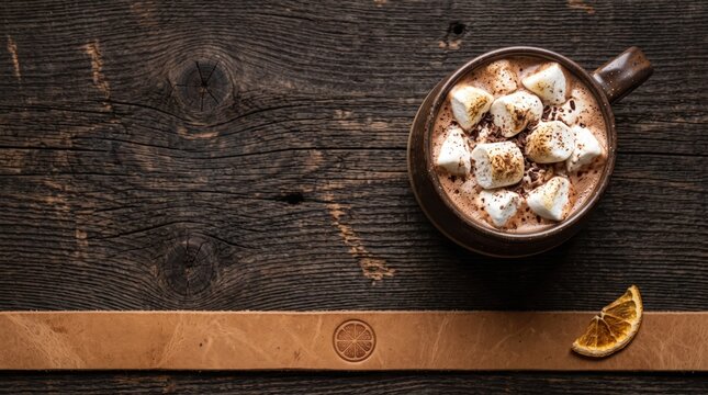 Hot chocolate mug marshmallows in artisan ceramic cup with leather strap on dark slate background for seasonal winter marketing advertising campaign